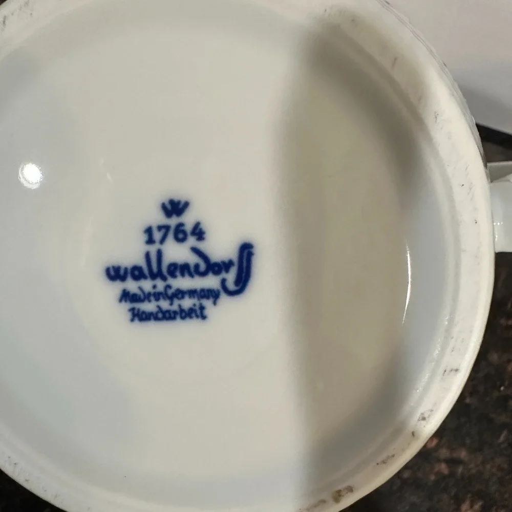 VTG Wallendorf 1764 Blue White Porcelain Teapot Germany Handarbeit Floral RARE